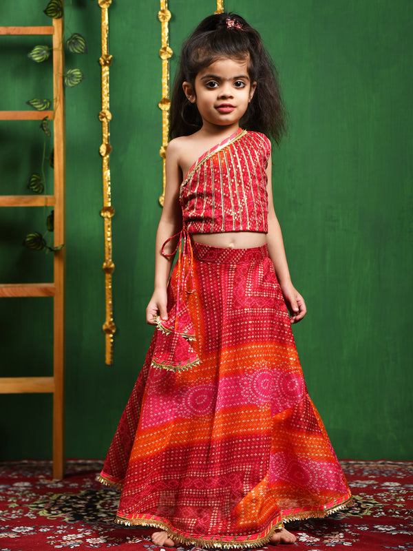 Magenta Bandhani One Shoulder Top Lehenga Set for Girls
