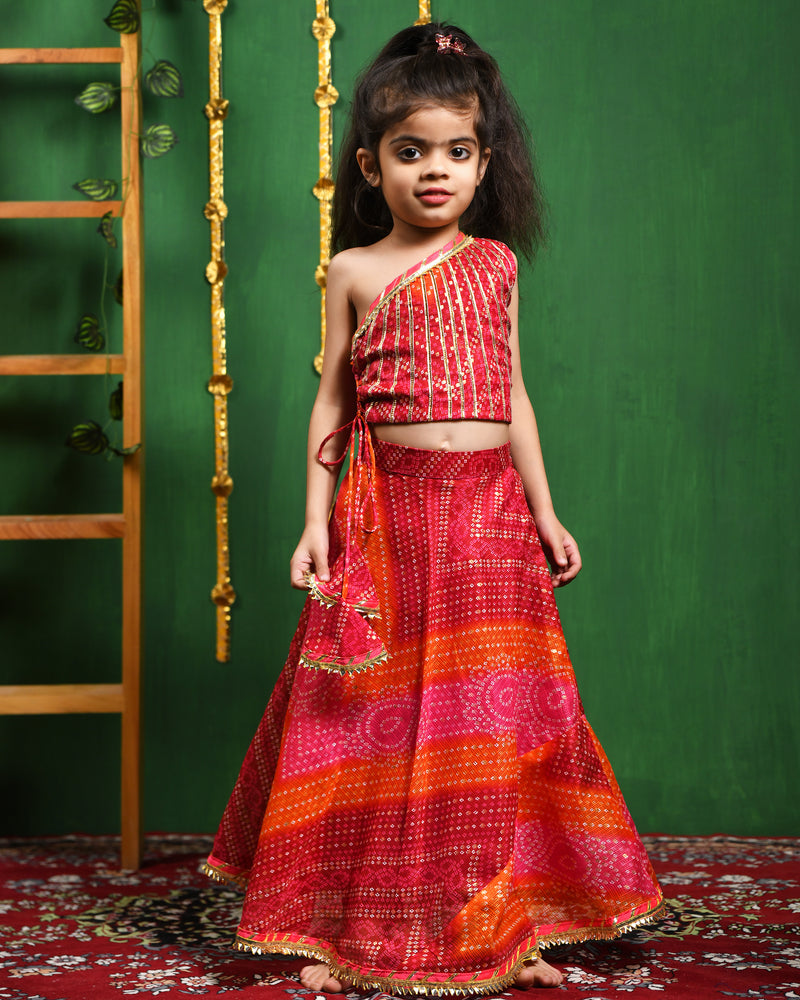 Magenta Bandhani One Shoulder Top Lehenga Set for Girls
