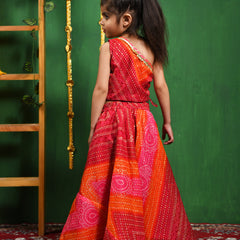 Magenta Bandhani One Shoulder Top Lehenga Set for Girls