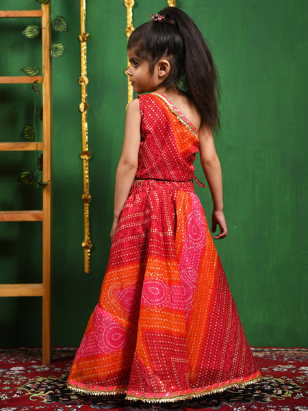 Magenta Bandhani One Shoulder Top Lehenga Set for Girls
