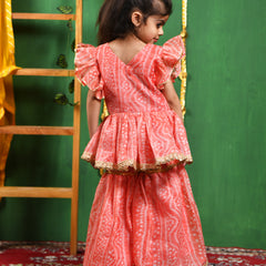 Peach Leheriya Printed Kurti & Sharara Set for Girls