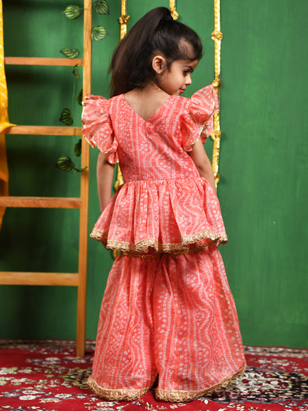 Peach Leheriya Printed Kurti & Sharara Set for Girls