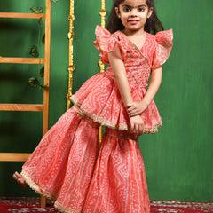 Peach Leheriya Printed Kurti & Sharara Set for Girls