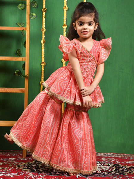 Peach Leheriya Printed Kurti & Sharara Set for Girls