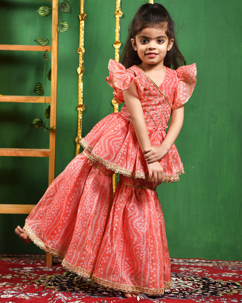 Peach Leheriya Printed Kurti & Sharara Set for Girls