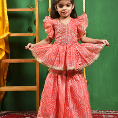 Peach Leheriya Printed Kurti & Sharara Set for Girls