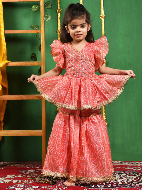 Peach Leheriya Printed Kurti & Sharara Set for Girls
