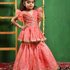 Peach Leheriya Printed Kurti & Sharara Set for Girls