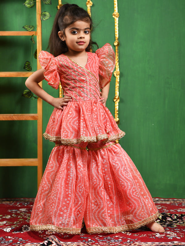 Peach Leheriya Printed Kurti & Sharara Set for Girls