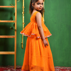 Yellow Leheriya Peplum Top & Lehenga Set for Girls