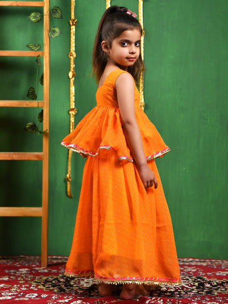 Yellow Leheriya Peplum Top & Lehenga Set for Girls