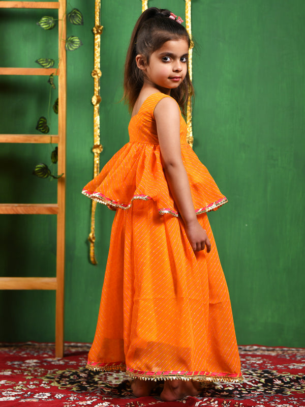 Yellow Leheriya Peplum Top & Lehenga Set for Girls