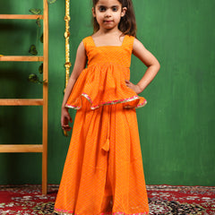 Yellow Leheriya Peplum Top & Lehenga Set for Girls
