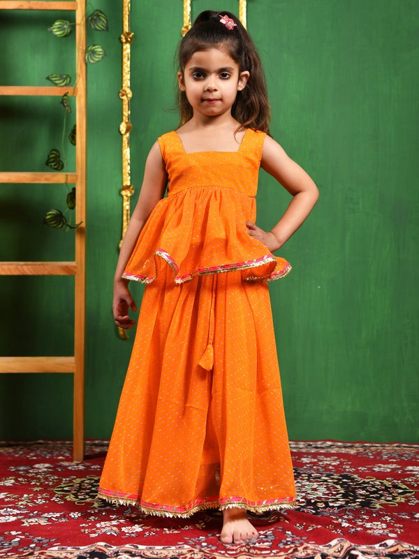 Yellow Leheriya Peplum Top & Lehenga Set for Girls
