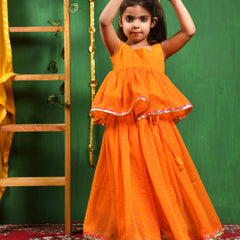 Yellow Leheriya Peplum Top & Lehenga Set for Girls