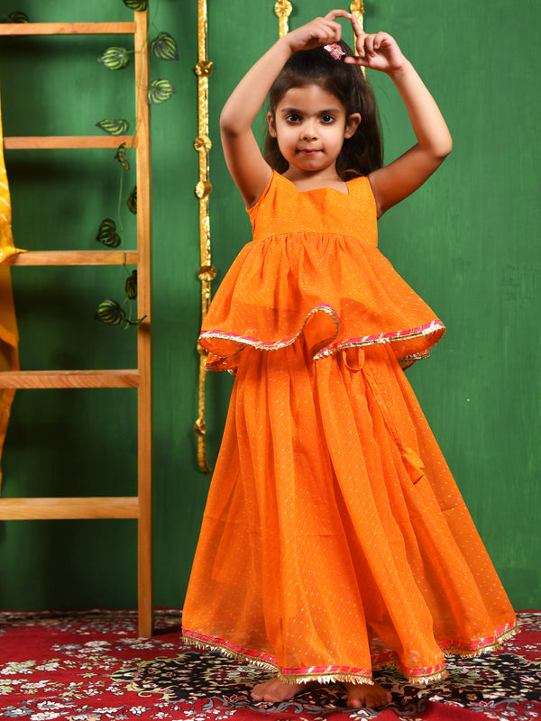 Yellow Leheriya Peplum Top & Lehenga Set for Girls