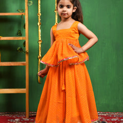 Yellow Leheriya Peplum Top & Lehenga Set for Girls