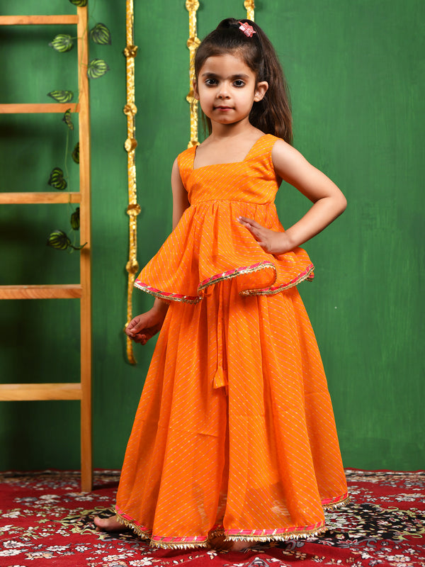 Yellow Leheriya Peplum Top & Lehenga Set for Girls
