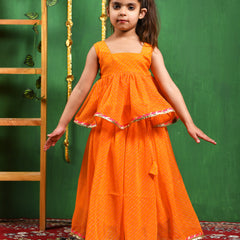 Yellow Leheriya Peplum Top & Lehenga Set for Girls