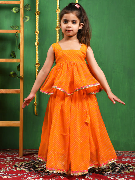 Yellow Leheriya Peplum Top & Lehenga Set for Girls