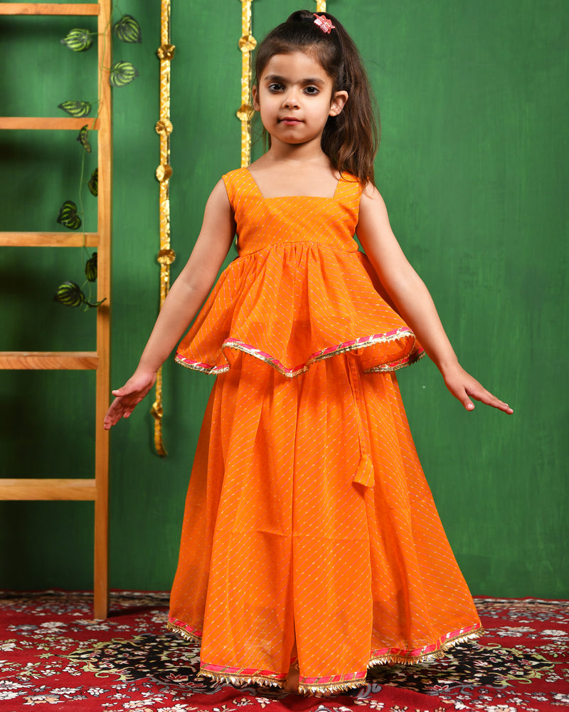 Yellow Leheriya Peplum Top & Lehenga Set for Girls