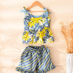 Grey Printed Peplum Top & Shorts Set
