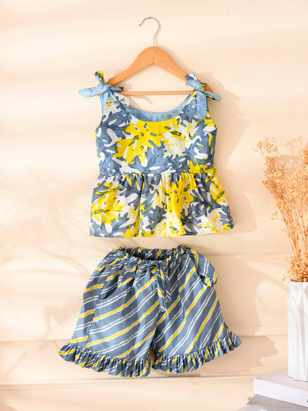 Grey Printed Peplum Top & Shorts Set