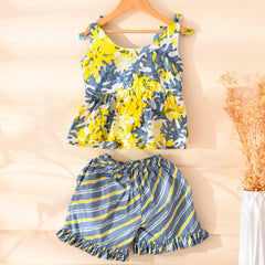 Grey Printed Peplum Top & Shorts Set