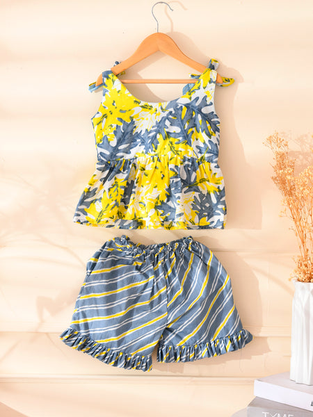 Grey Printed Peplum Top & Shorts Set