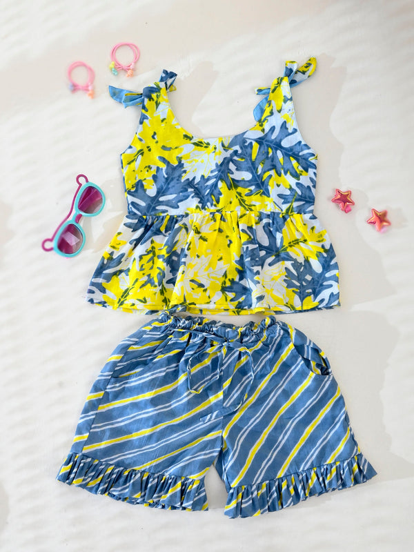 Grey Printed Peplum Top & Shorts Set