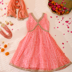 Kids Peach Bandhani Anarkali Set with Dupatta