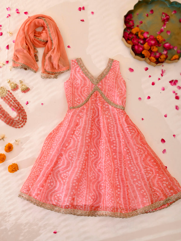 Kids Peach Bandhani Anarkali Set with Dupatta
