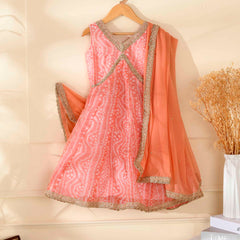 Kids Peach Bandhani Anarkali Set with Dupatta