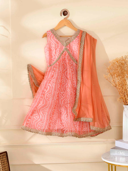 Kids Peach Bandhani Anarkali Set with Dupatta