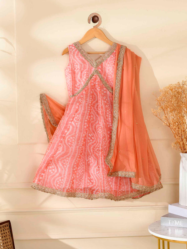 Kids Peach Bandhani Anarkali Set with Dupatta