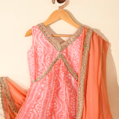 Kids Peach Bandhani Anarkali Set with Dupatta