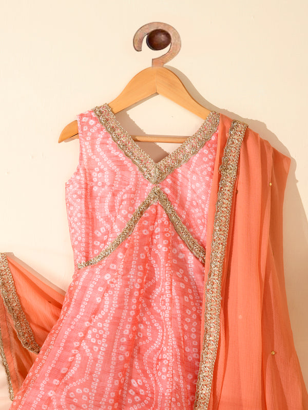 Kids Peach Bandhani Anarkali Set with Dupatta