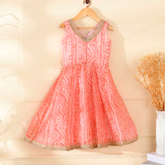 Kids Peach Bandhani Anarkali Set with Dupatta