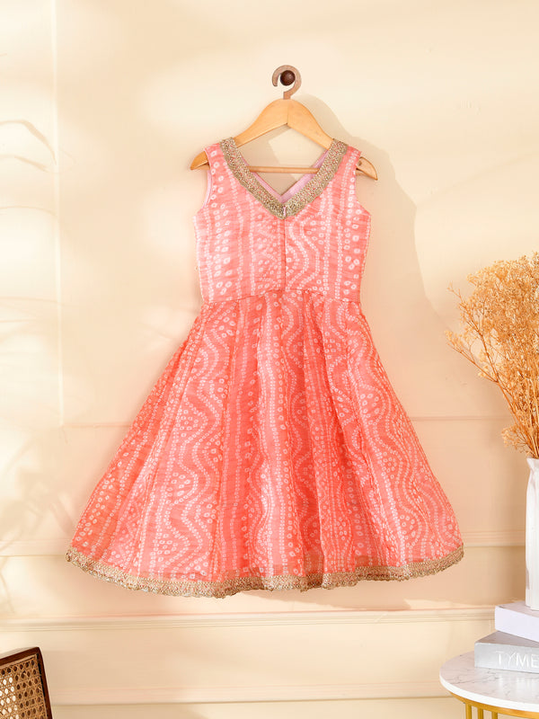 Kids Peach Bandhani Anarkali Set with Dupatta