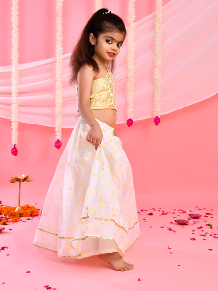 White & Golden Kids Floral Lehenga Set | Festive Wear