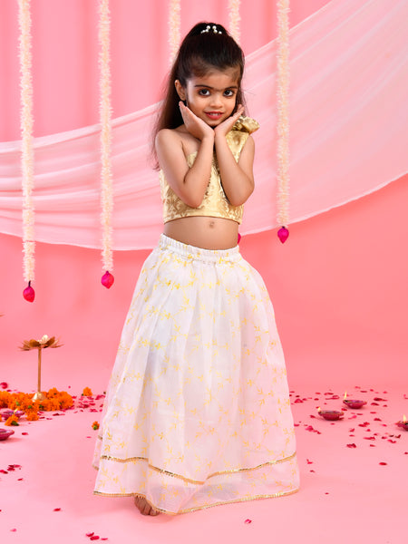 White & Golden Kids Floral Lehenga Set | Festive Wear