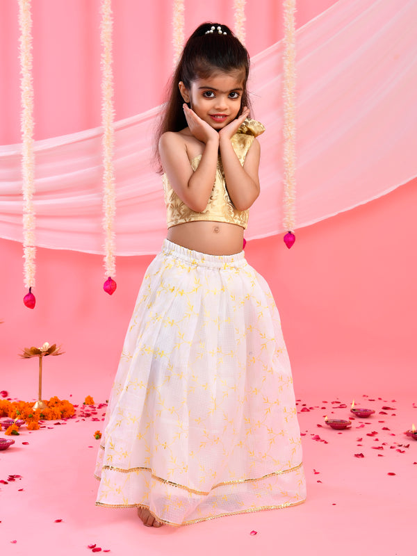 White & Golden Kids Floral Lehenga Set | Festive Wear