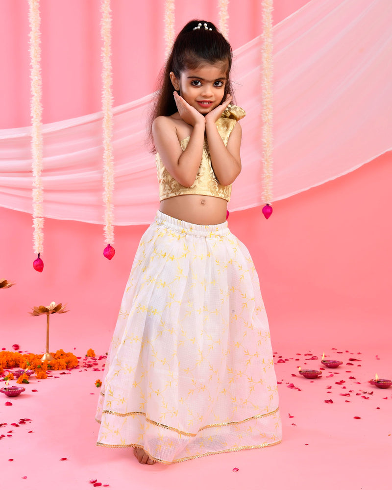 White & Golden Kids Floral Lehenga Set | Festive Wear