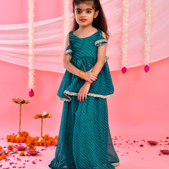 Teal Green Leheriya Peplum Palazzo Set for Kids