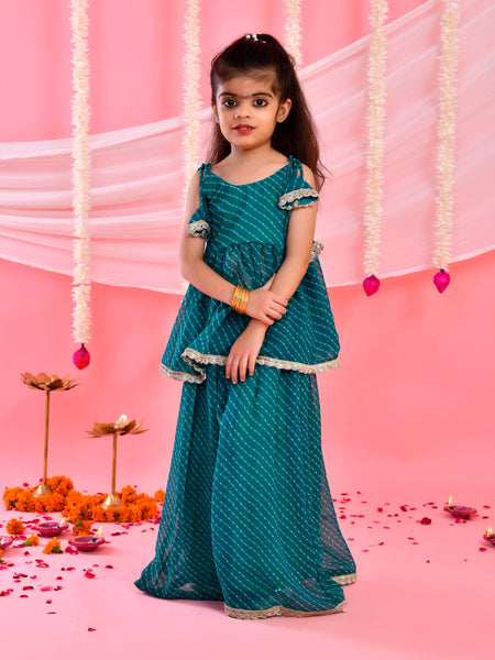 Teal Green Leheriya Peplum Palazzo Set for Kids