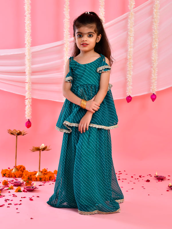 Teal Green Leheriya Peplum Palazzo Set for Kids