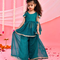 Teal Green Leheriya Peplum Palazzo Set for Kids