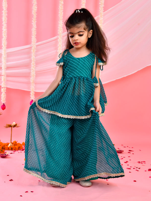 Teal Green Leheriya Peplum Palazzo Set for Kids