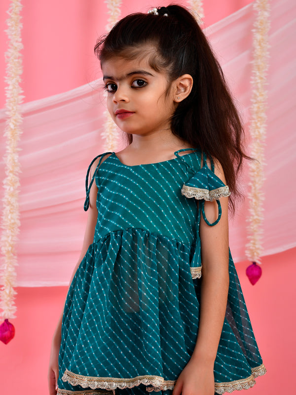Teal Green Leheriya Peplum Palazzo Set for Kids