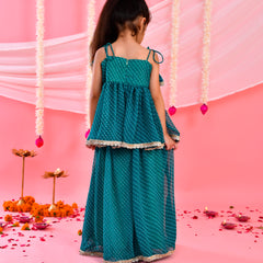 Teal Green Leheriya Peplum Palazzo Set for Kids
